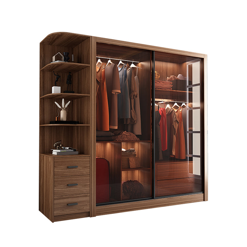 Mirrored Finish Cabinet with Glass Door Modern Brown Wardrobe for Home
