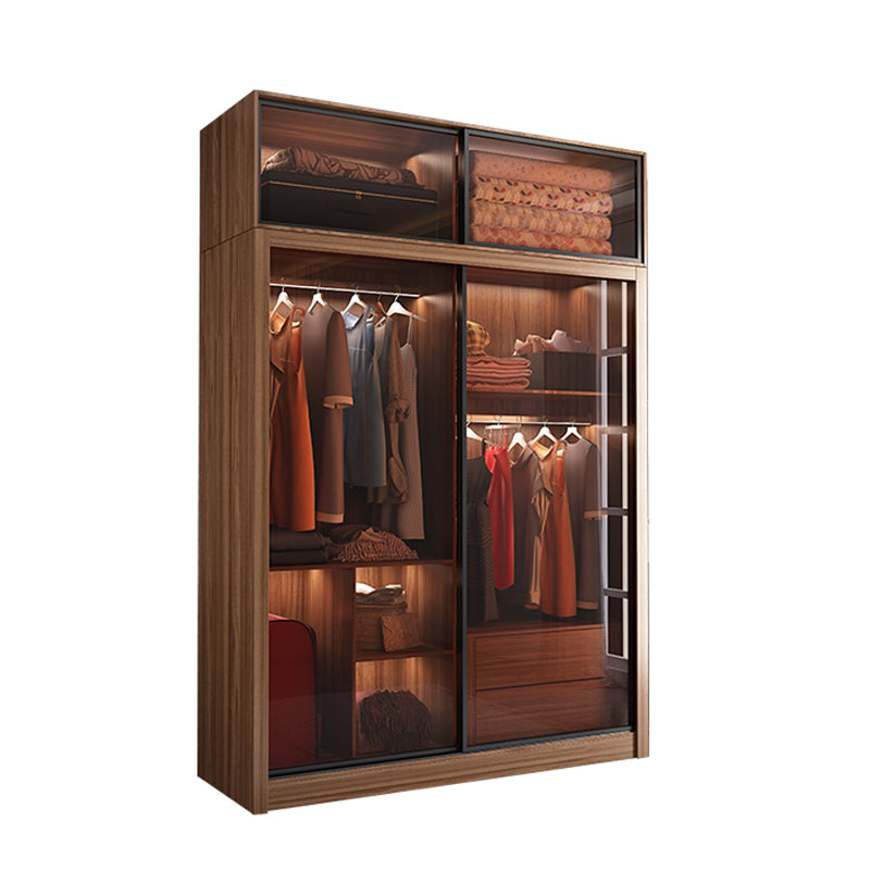 Mirrored Finish Cabinet with Glass Door Modern Brown Wardrobe for Home