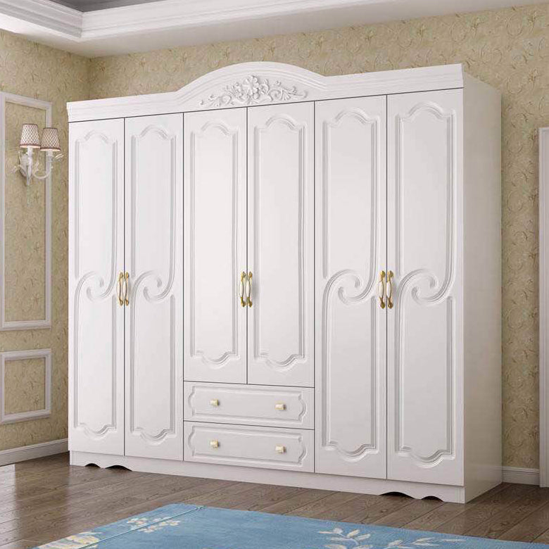 French Country Wardrobe Cabinet White Engineered Wood Wardrobe with 2 Drawers