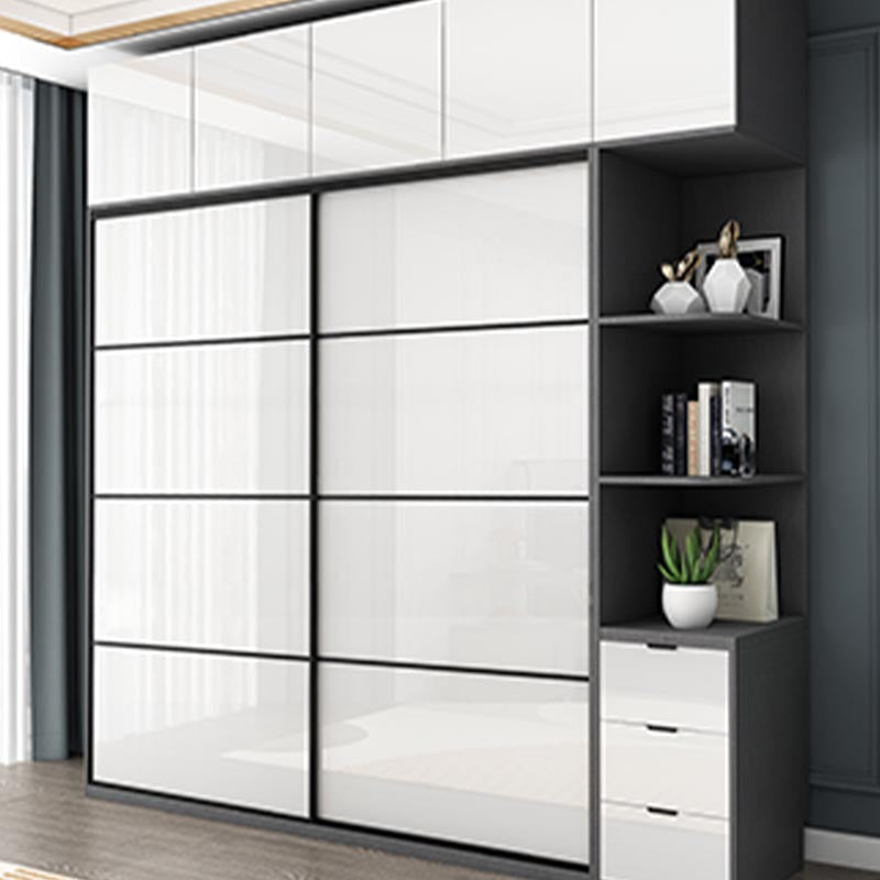 White Mirrored Finish Wardrobe Armoire Engineered Wood Wardrobe with Drawer