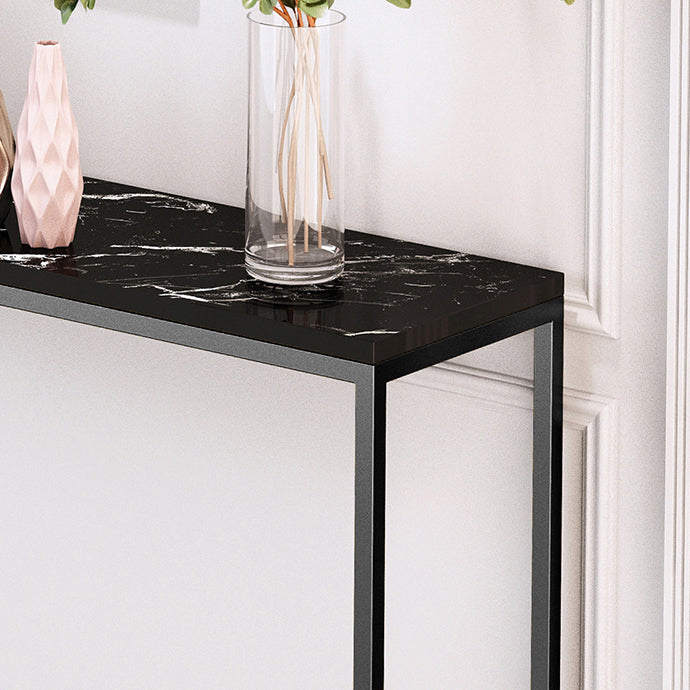 Scratch Resistant Marble Top Console Table with Black Steel Trestle Base