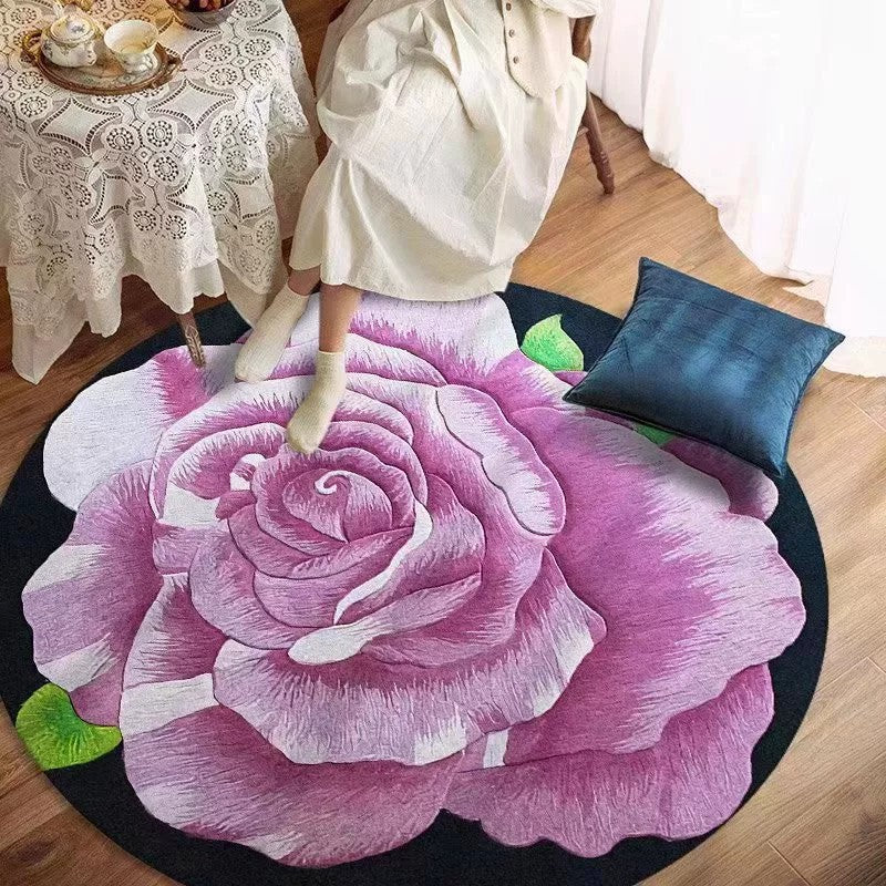 Round Floral Print Rug Casual Polyester Carpet Stain Resistant Area Carpet for Living Room