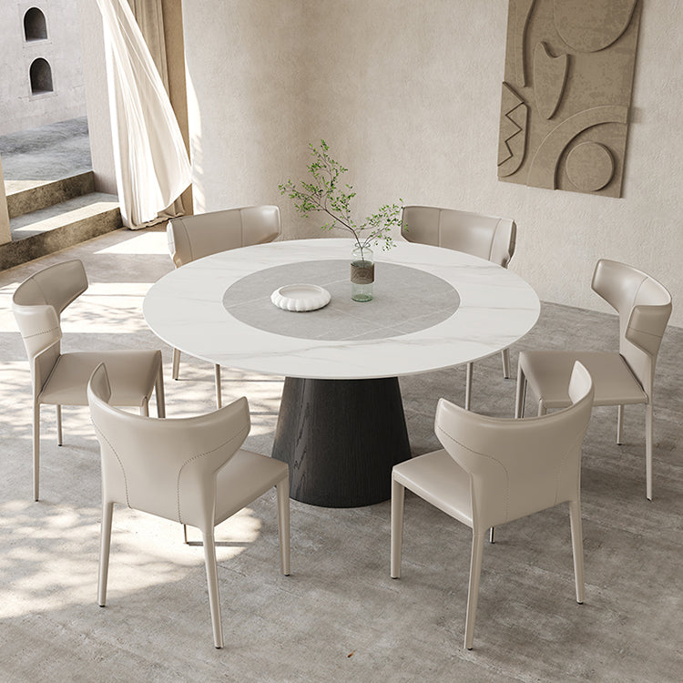 Solid Wood Pedestal Dining Table Oval Stone Top Dining Table in White