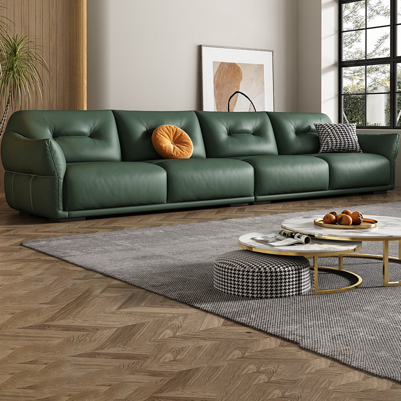 Contemporary Green Square Arm Genuine Leather Stationary Sofa