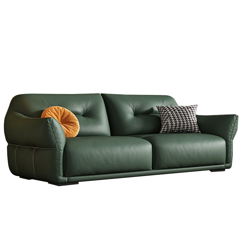 Contemporary Green Square Arm Genuine Leather Stationary Sofa