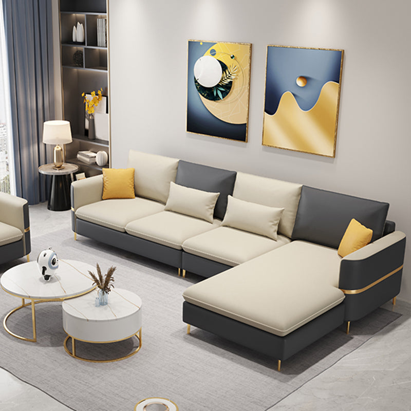 Modern Style Sofa & Chaise Faux Leather Sectional with Bolster Pillows