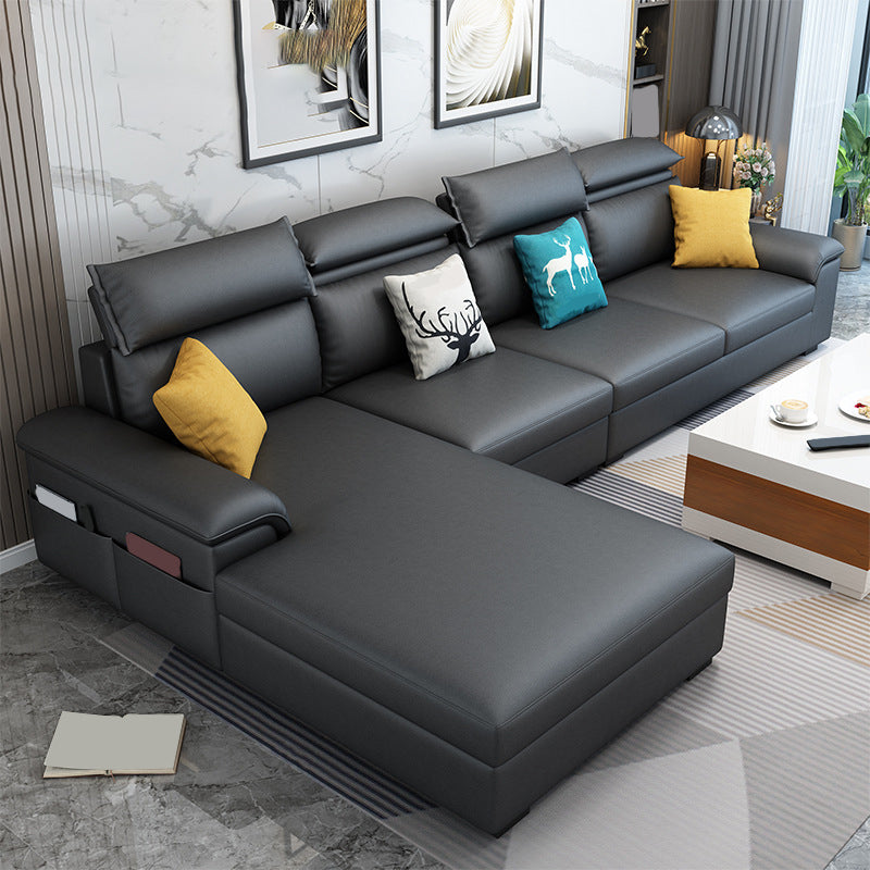 Modern Style Sofa Bed Solid Wood Frame Imitation Leather Built-in Armrest Sofa