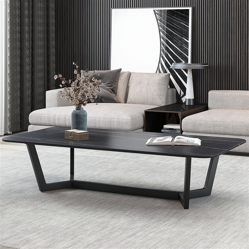 Modern Style Slate Table with Rectangular Black Metal Trestle Type Base Coffee Table