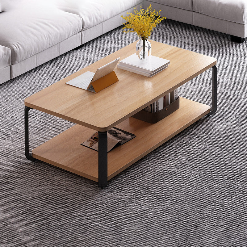 Modern Style Wooden Rectangular Table with Abstract Base for Storage Rack Coffee Table