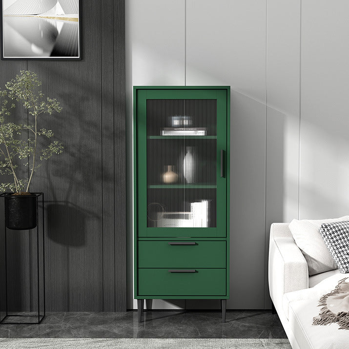 Wooden Accent Cabinet with Glass Door and 4 Steel Black Legs