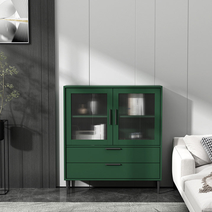 Wooden Accent Cabinet with Glass Door and 4 Steel Black Legs