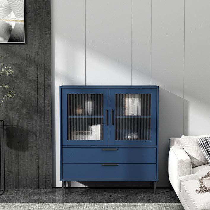 Wooden Accent Cabinet with Glass Door and 4 Steel Black Legs
