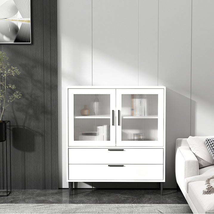 Wooden Accent Cabinet with Glass Door and 4 Steel Black Legs