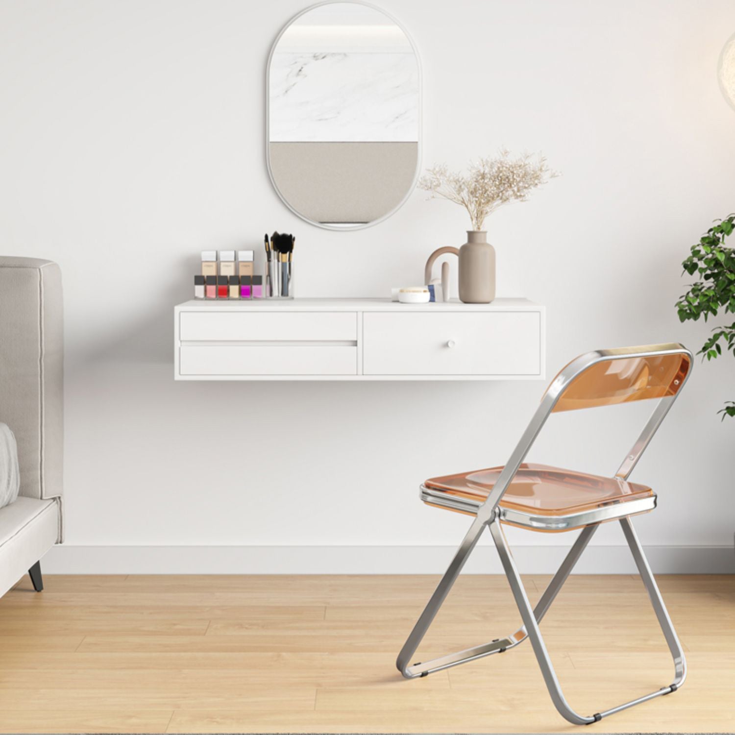 Contemporary Solid Wood Makeup Dressing Table Set with Stool