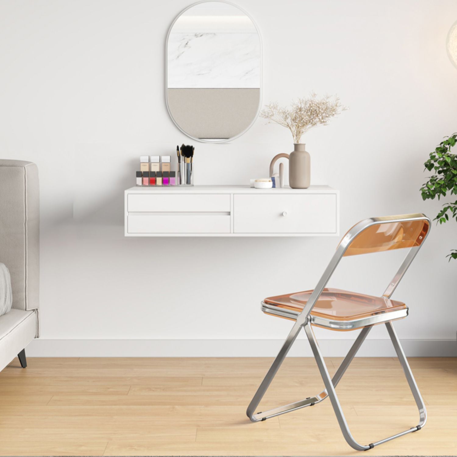 Contemporary Solid Wood Makeup Dressing Table Set with Stool