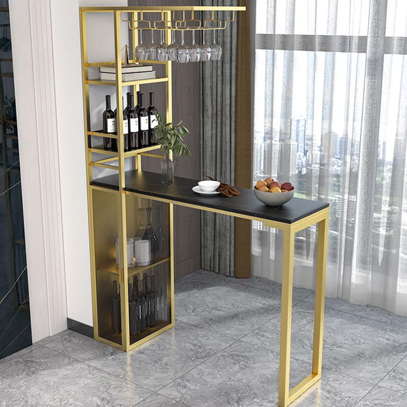 Glam Pub Table with Wine Storage Rectangle Stone Top Bar Table with Metal Frame