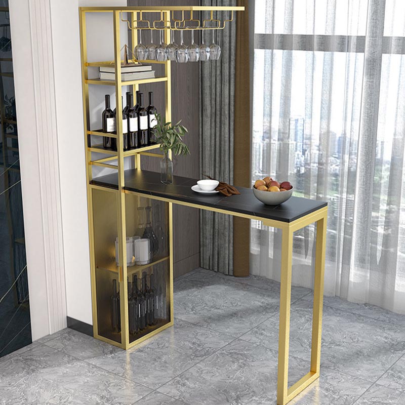 Glam Pub Table with Wine Storage Rectangle Stone Top Bar Table with Metal Frame