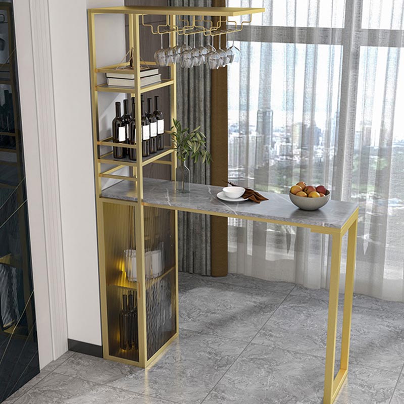 Glam Pub Table with Wine Storage Rectangle Stone Top Bar Table with Metal Frame