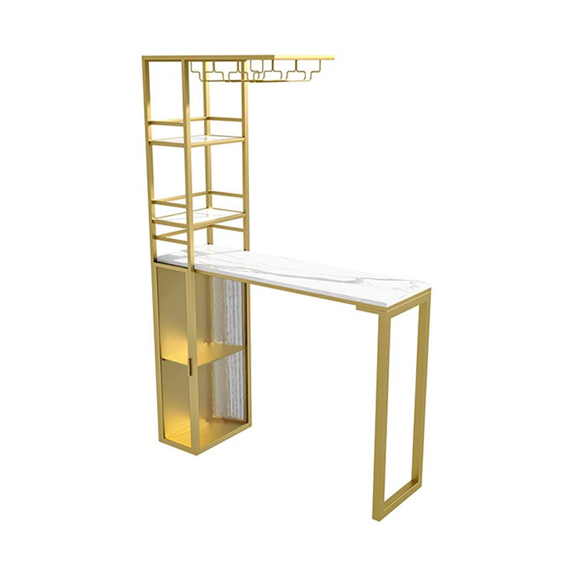 Glam Pub Table with Wine Storage Rectangle Stone Top Bar Table with Metal Frame