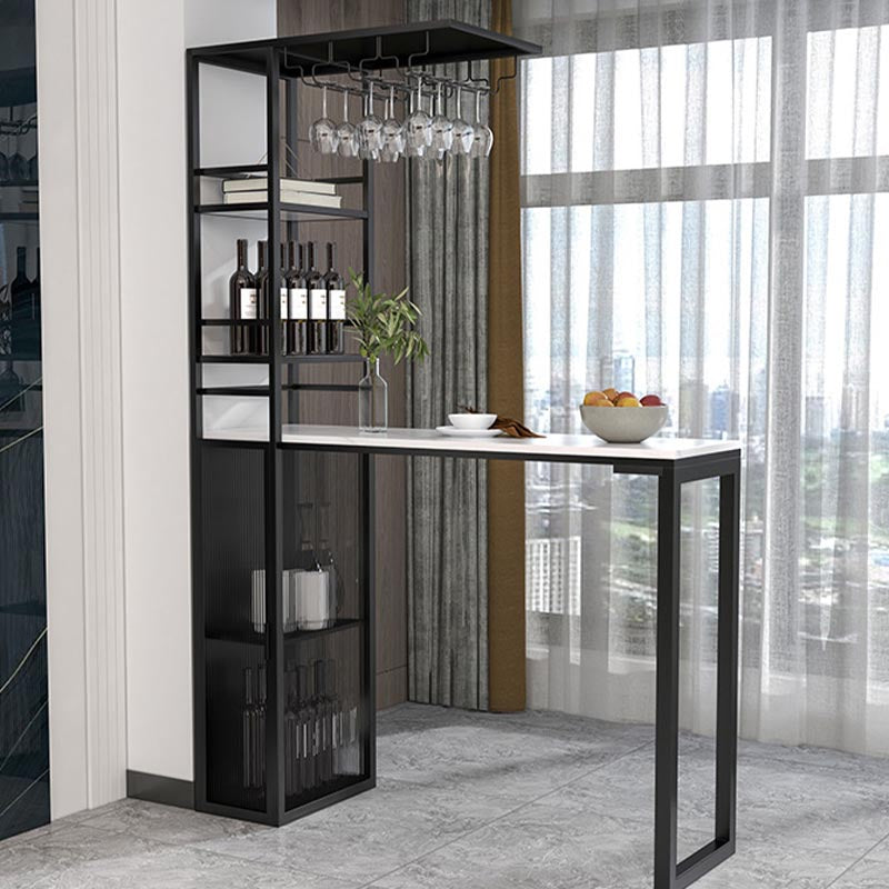 Glam Pub Table with Wine Storage Rectangle Stone Top Bar Table with Metal Frame