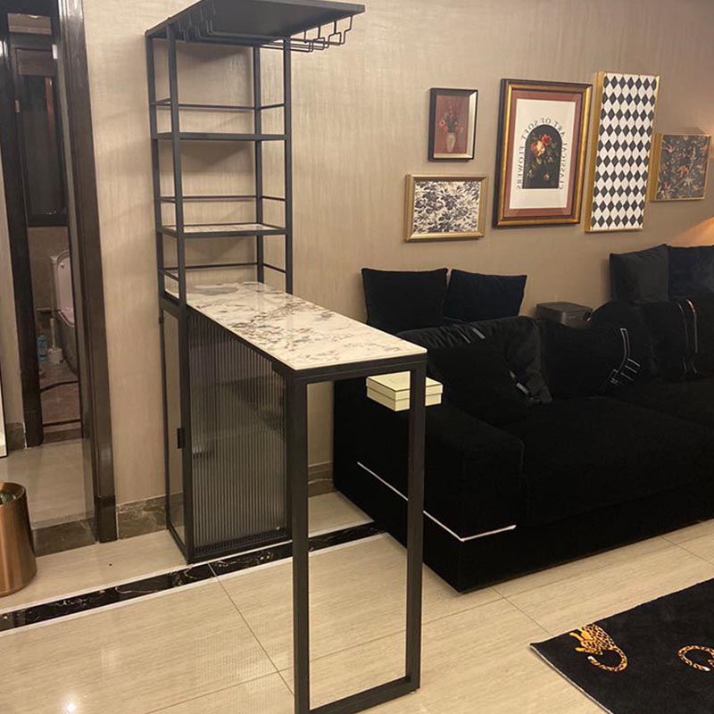 Glam Pub Table with Wine Storage Rectangle Stone Top Bar Table with Metal Frame