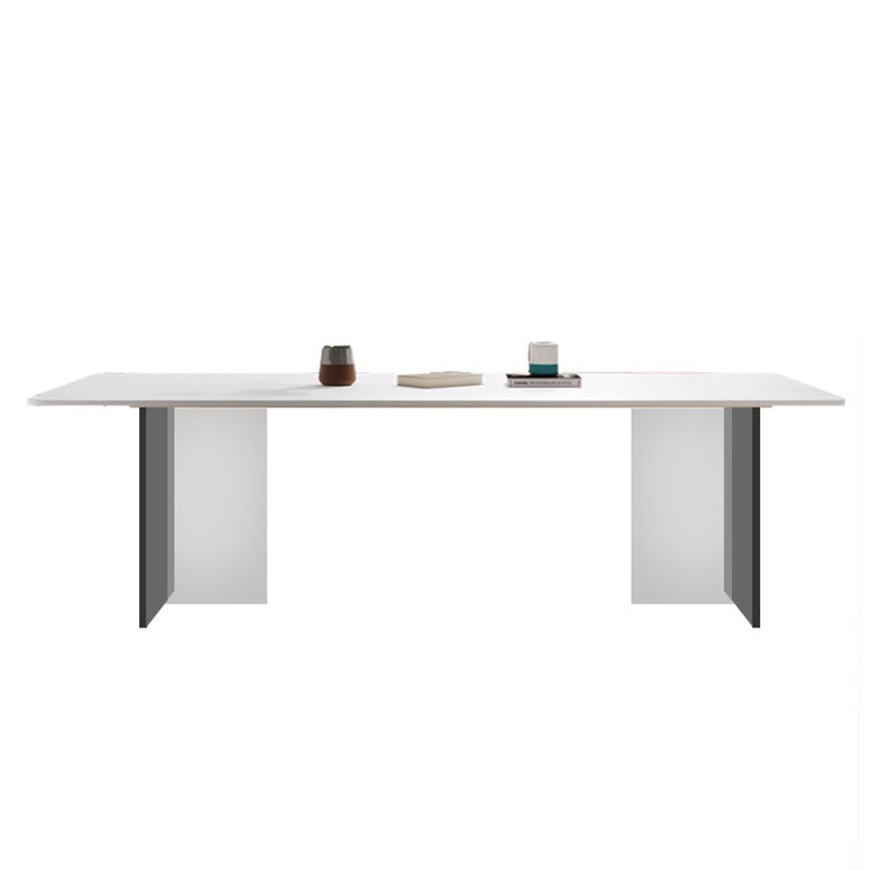 White Stone Top Dining Table Rectangle Contemporary Dining Table with Pedestal Base