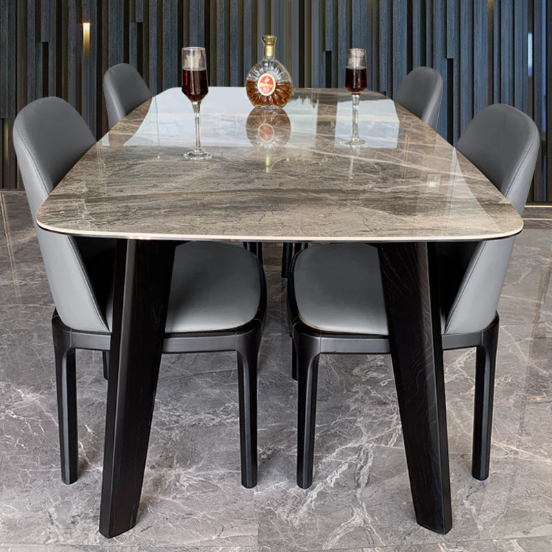 Contemporary Stone Dining Table Rectangle Dining Table with 4 Wood Legs in Black