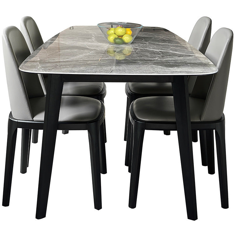 Contemporary Stone Dining Table Rectangle Dining Table with 4 Wood Legs in Black