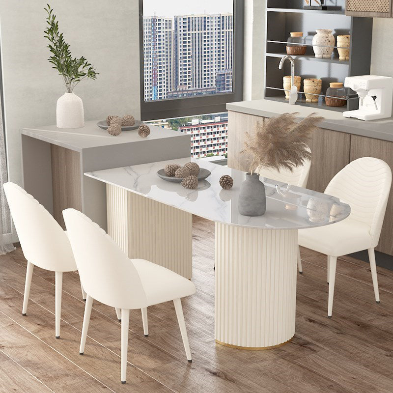 Contemporary Dining Table Stone Dining Table in White with Double Pedestal