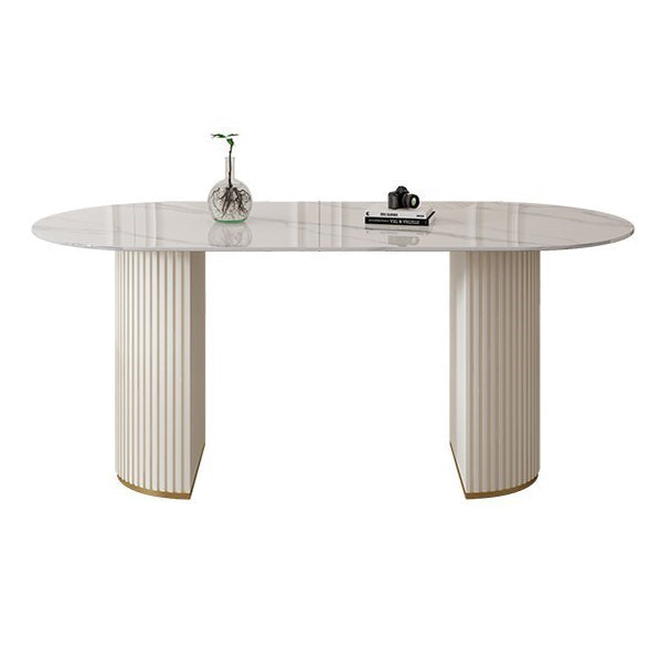 Contemporary Dining Table Stone Dining Table in White with Double Pedestal