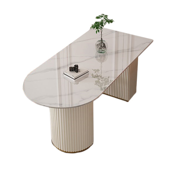 Contemporary Dining Table Stone Dining Table in White with Double Pedestal
