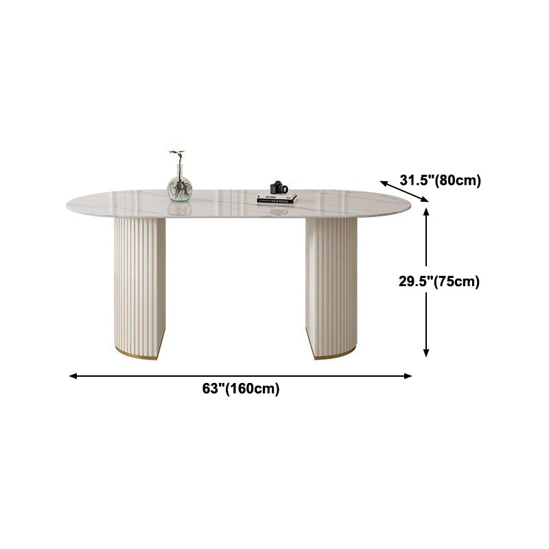 Contemporary Dining Table Stone Dining Table in White with Double Pedestal