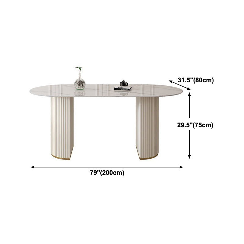 Contemporary Dining Table Stone Dining Table in White with Double Pedestal