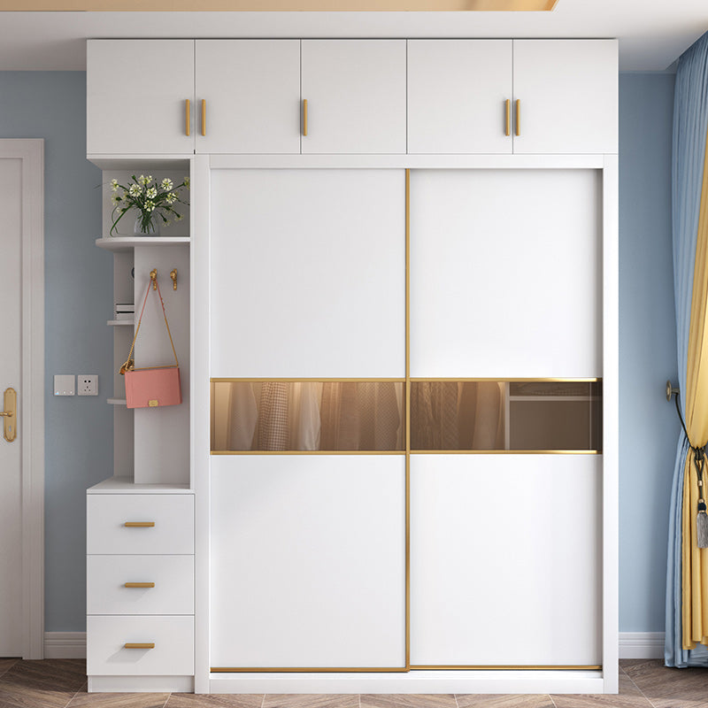 White Engineered Wood Wardrobe Armoire Modern Sliding Door Wardrobe
