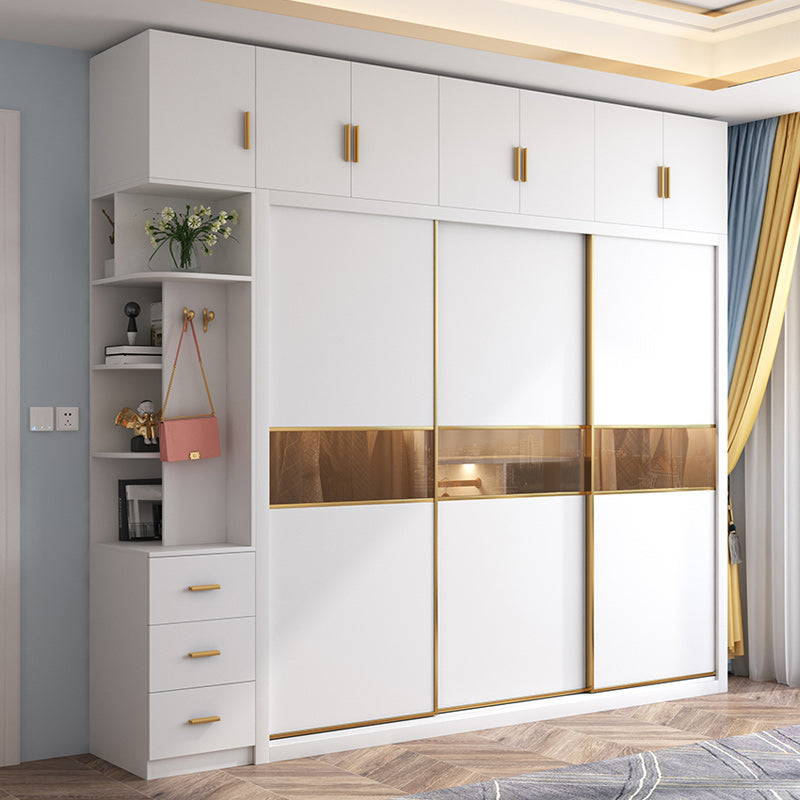 White Engineered Wood Wardrobe Armoire Modern Sliding Door Wardrobe