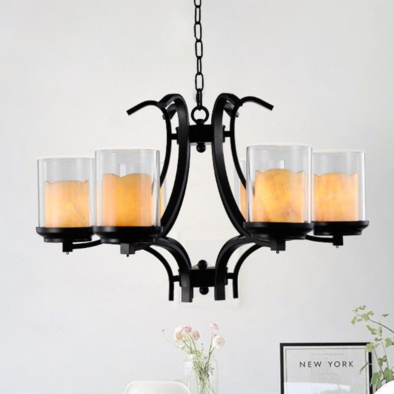 6 Lights Dining Room Ceiling Lamp Country Black Chandelier Light with Cylinder Marble and Clear Glass Shade