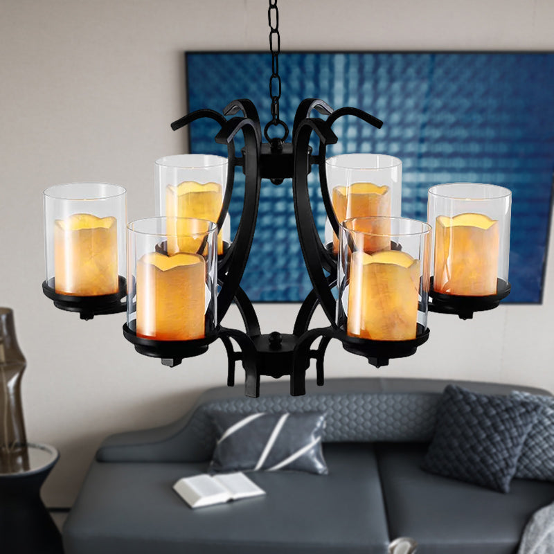 6 Lights Dining Room Ceiling Lamp Country Black Chandelier Light with Cylinder Marble and Clear Glass Shade
