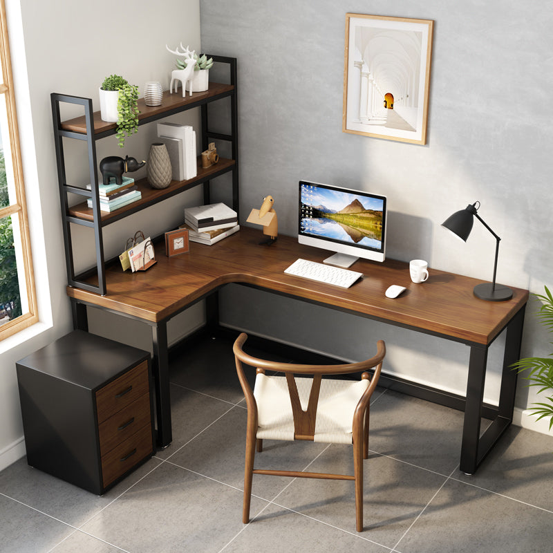 Solid Wood L-Shape Office Desk Industrial Fixed Writing Table