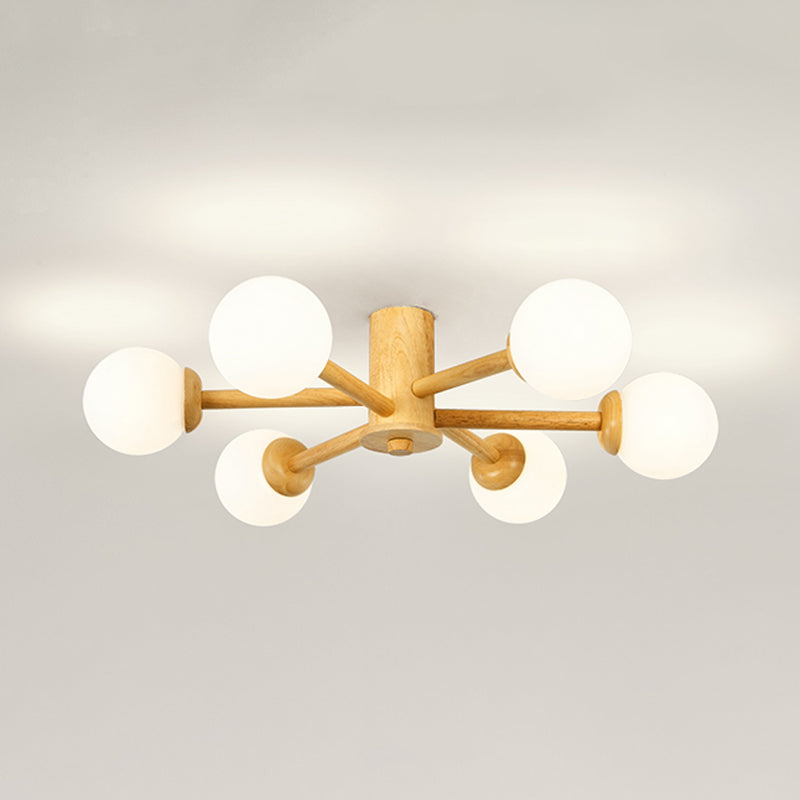 Brown Modern Ceiling Light Ball Shape Wood Flush Mount with Glass Shade for Bedroom