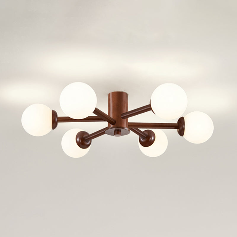 Brown Modern Ceiling Light Ball Shape Wood Flush Mount with Glass Shade for Bedroom