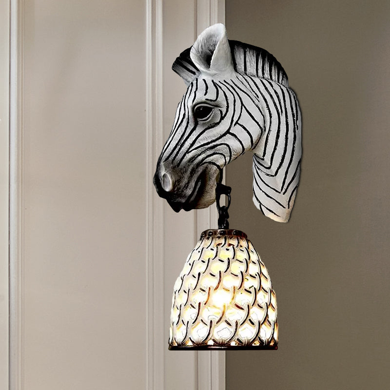 Tiffany Zebra Head Wall Mounted Fixture 1 Light Resin Sconce Light in White for Living Room