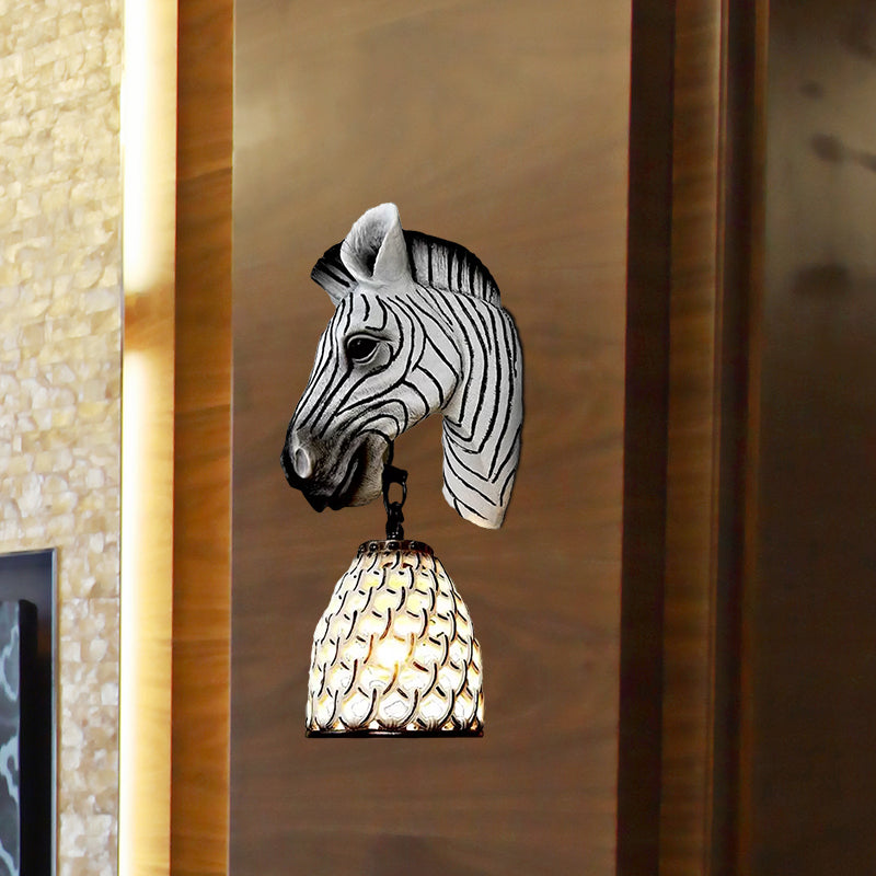 Tiffany Zebra Head Wall Mounted Fixture 1 Light Resin Sconce Light in White for Living Room