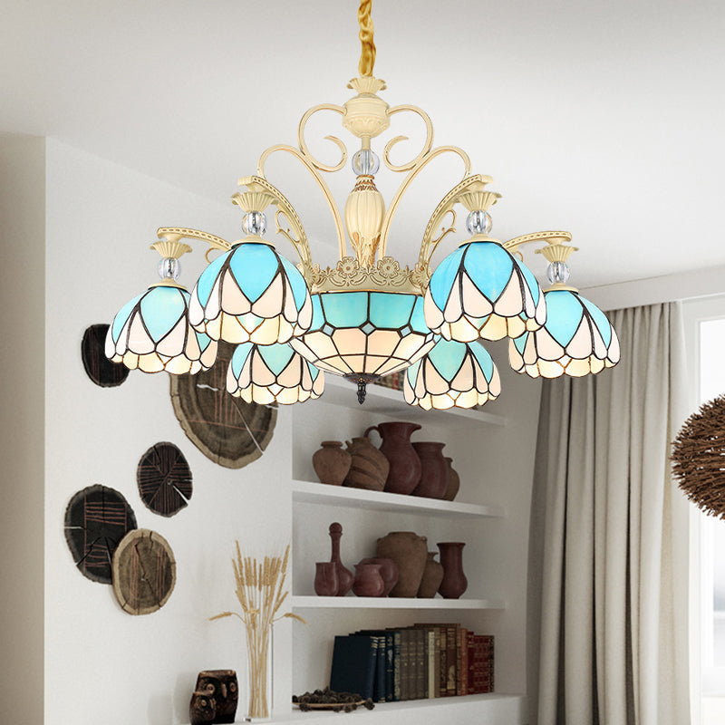 Lámpara de lámpara de domo Tiffany Style 3/6/9 Luces de iluminación azul cielo de iluminación para dormitorio