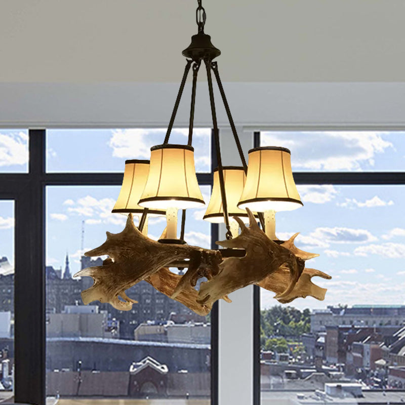 Lampadario conico a soffitto sala da pranzo in resina rustica 4 luci appuntamento appeso al beige con tonalità in tessuto