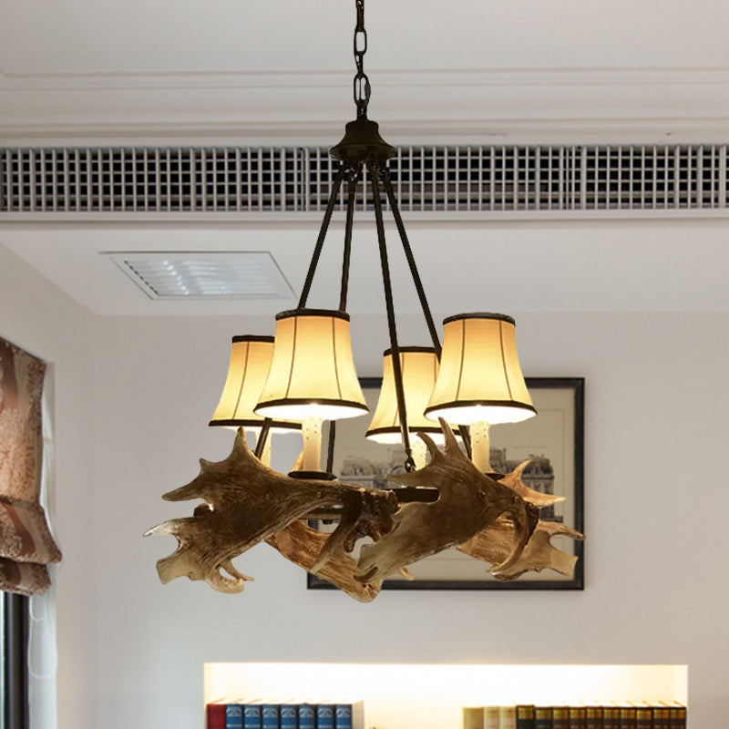 Lampadario conico a soffitto sala da pranzo in resina rustica 4 luci appuntamento appeso al beige con tonalità in tessuto