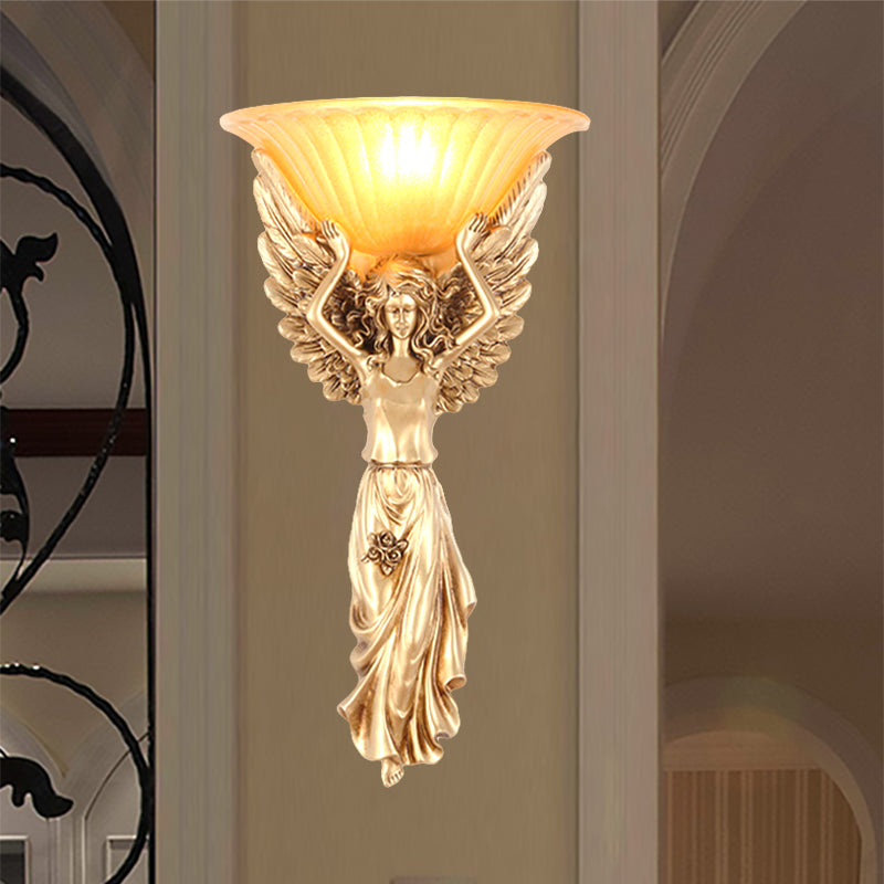 Upward Wall Sconce Frosted Glass Vintage Style Gold Resin Flared Wall Mounted Sconce with Angel Design