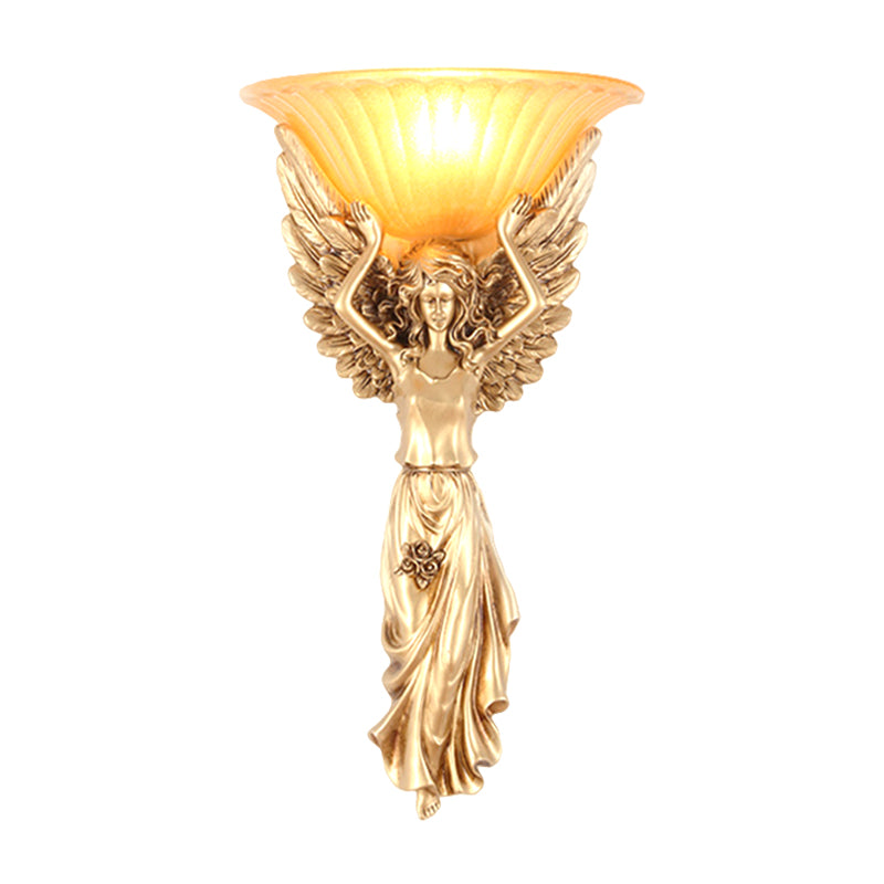 Upward Wall Sconce Frosted Glass Vintage Style Gold Resin Flared Wall Mounted Sconce with Angel Design