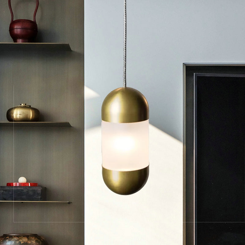 Modern 1 Bulb Pendant Lighting Brass Pill Hanging Ceiling Light with Frosted Glass Shade
