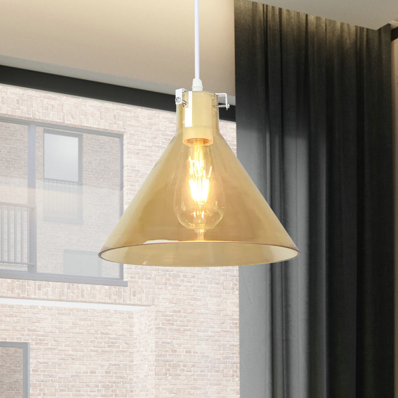 Cone Dining Room Hanging Light Amber Glass 1 Head Modernist Ceiling Suspension Lamp