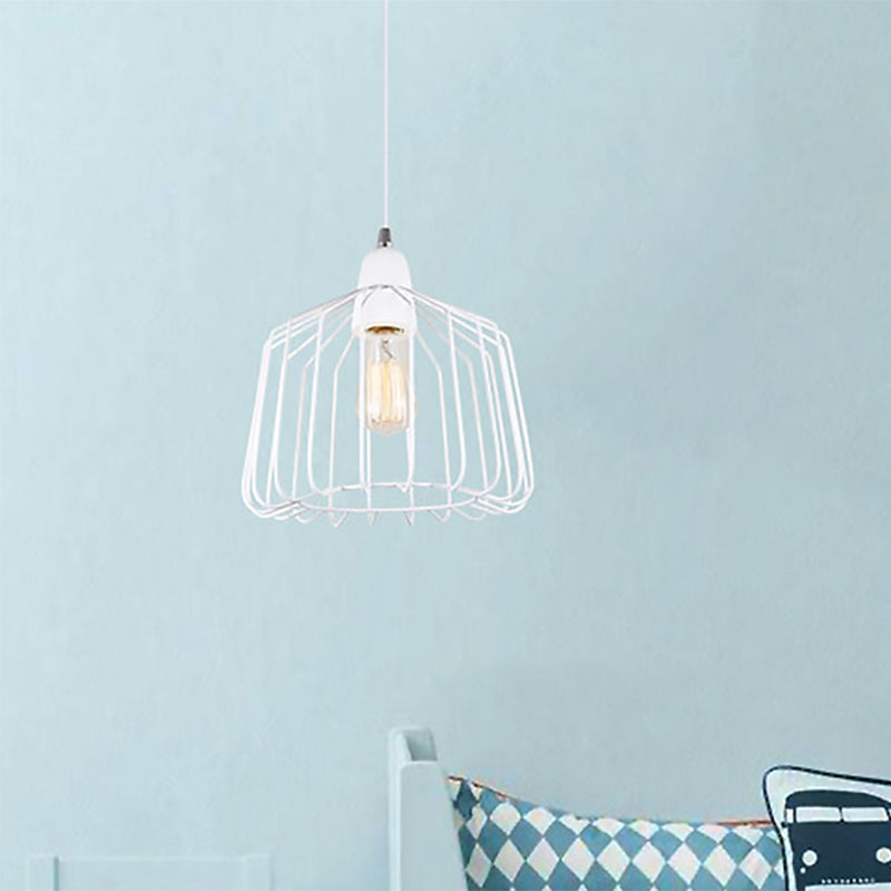 Minimalist Cage Shade Metallic Pendulum Light 1 Light Hanging Lamp Kit in White for Bedroom